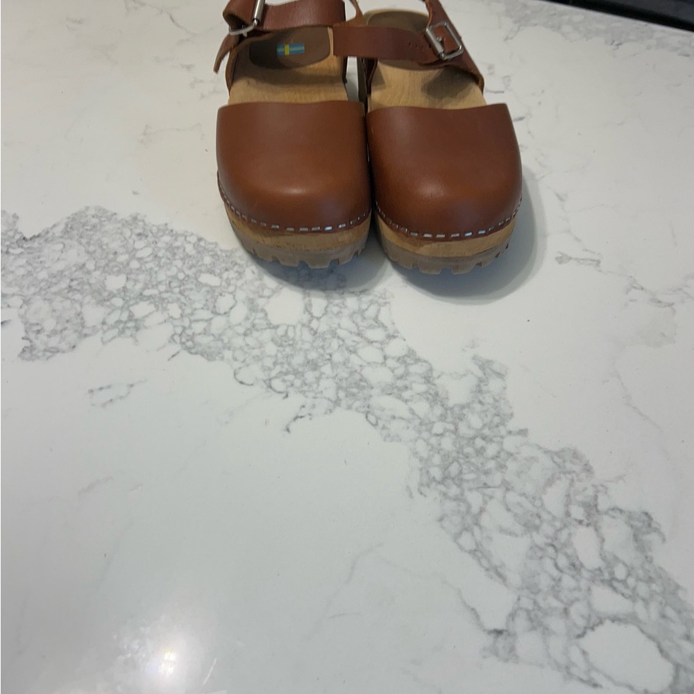 Swedish Hasbeens Tan Leather Mules